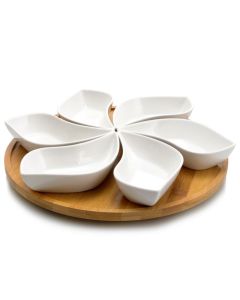 Elama Signature Modern 13.5 Inch 7pc Lazy Susan Appetizer and Condiment Server Set with 6 Unique Design Serving Dishes and a Bamboo Lazy Suzan Serving Tray